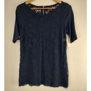 Soho New York & Co Jeans Navy Blue Lace Overlay Short Sleeve Round Neck Top XS